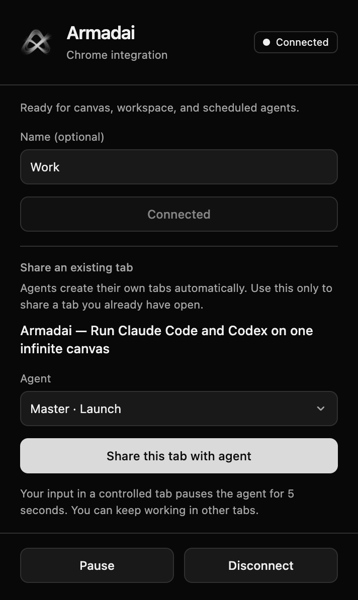 The Armadai for Chrome popup with the connection’s status and name, Share an existing tab, and Pause