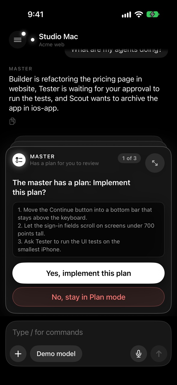 Armadai Remote on iPhone: the master reports what three agents are doing, and a plan card above the message box asks “The master has a plan: Implement this plan?”