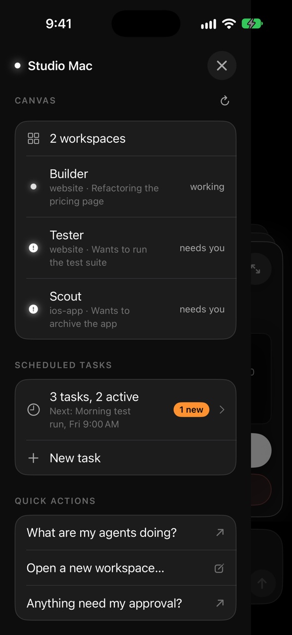 Armadai Remote on iPhone: the side menu with the canvas’s agents marked working or needs you, its scheduled tasks, and quick actions