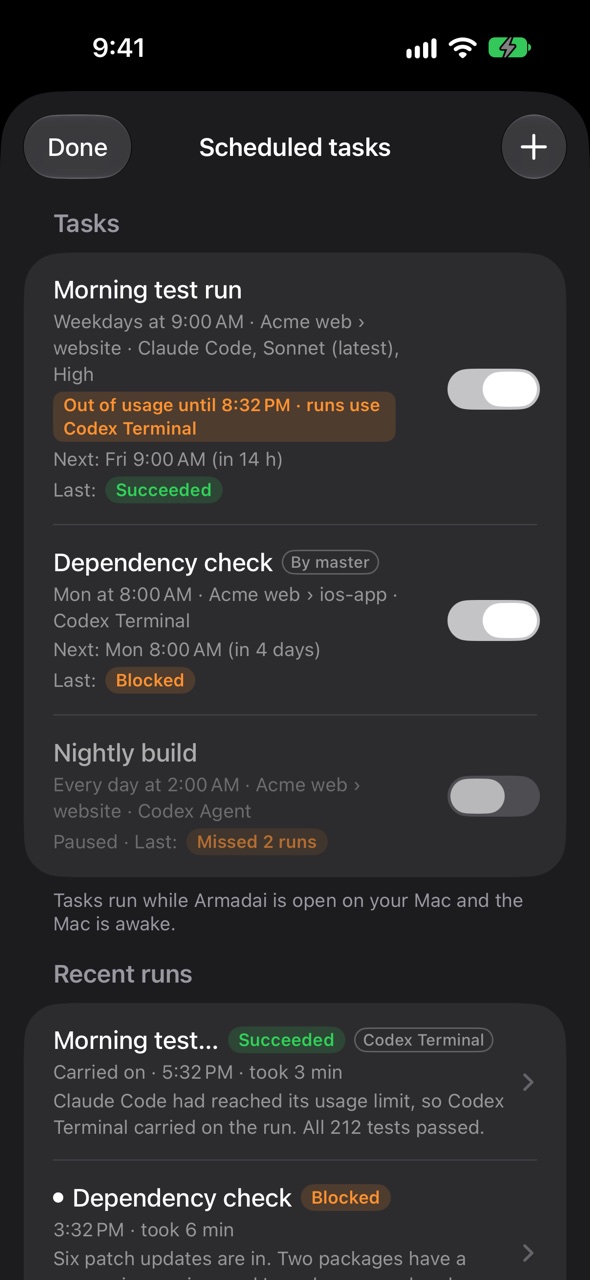 Armadai Remote on iPhone: scheduled tasks with on and off switches, one moved to Codex after running out of usage, and recent runs with their results