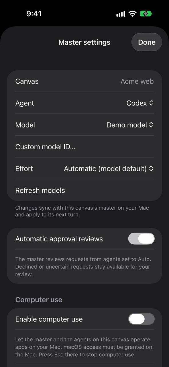 Armadai Remote on iPhone: master settings for the canvas, agent, model, effort, automatic approval reviews, and computer use