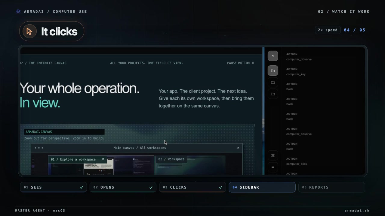 The master using computer controls with a visible action log, from the computer-use recording