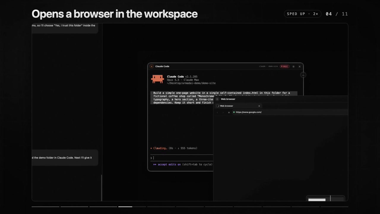 A frame from the master agent recording, opening a browser beside Claude Code in Armadai