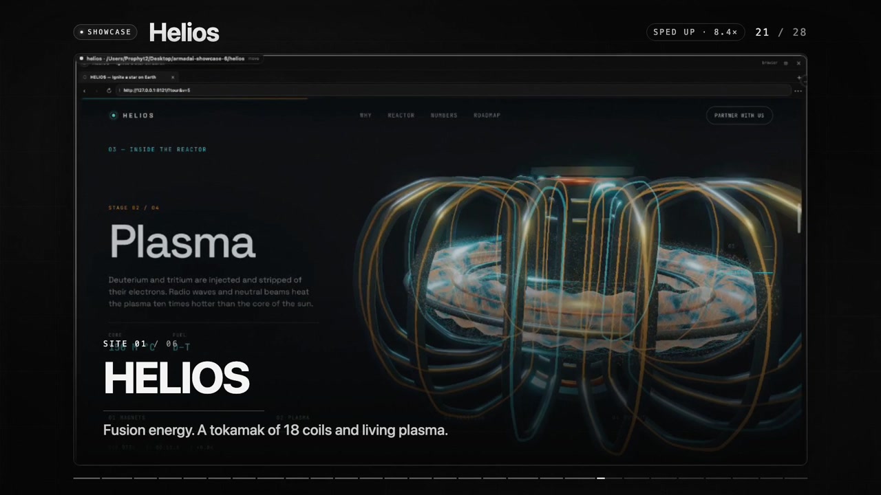 A finished Helios project running in an Armadai browser tile, from the six-site build recording