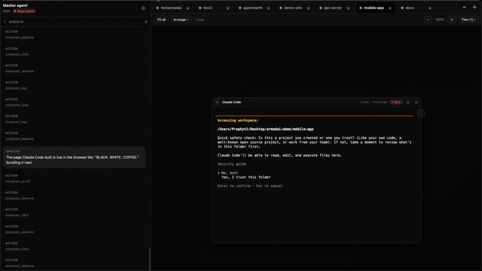 The master’s chat listing computer_observe, computer_click, computer_key, and computer_type steps, with Stop control in its header, beside a workspace tab with a Claude Code tile