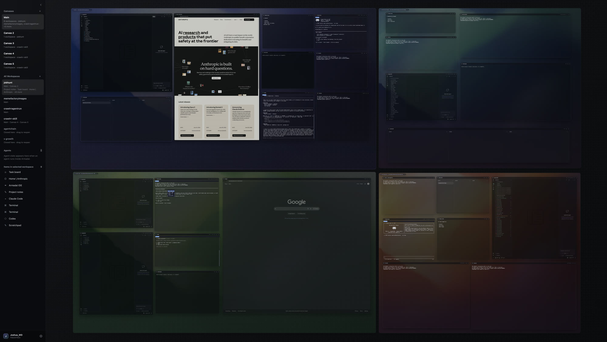 Expanded sidebar with canvases, the global workspace library, and agent status beside a canvas of workspaces