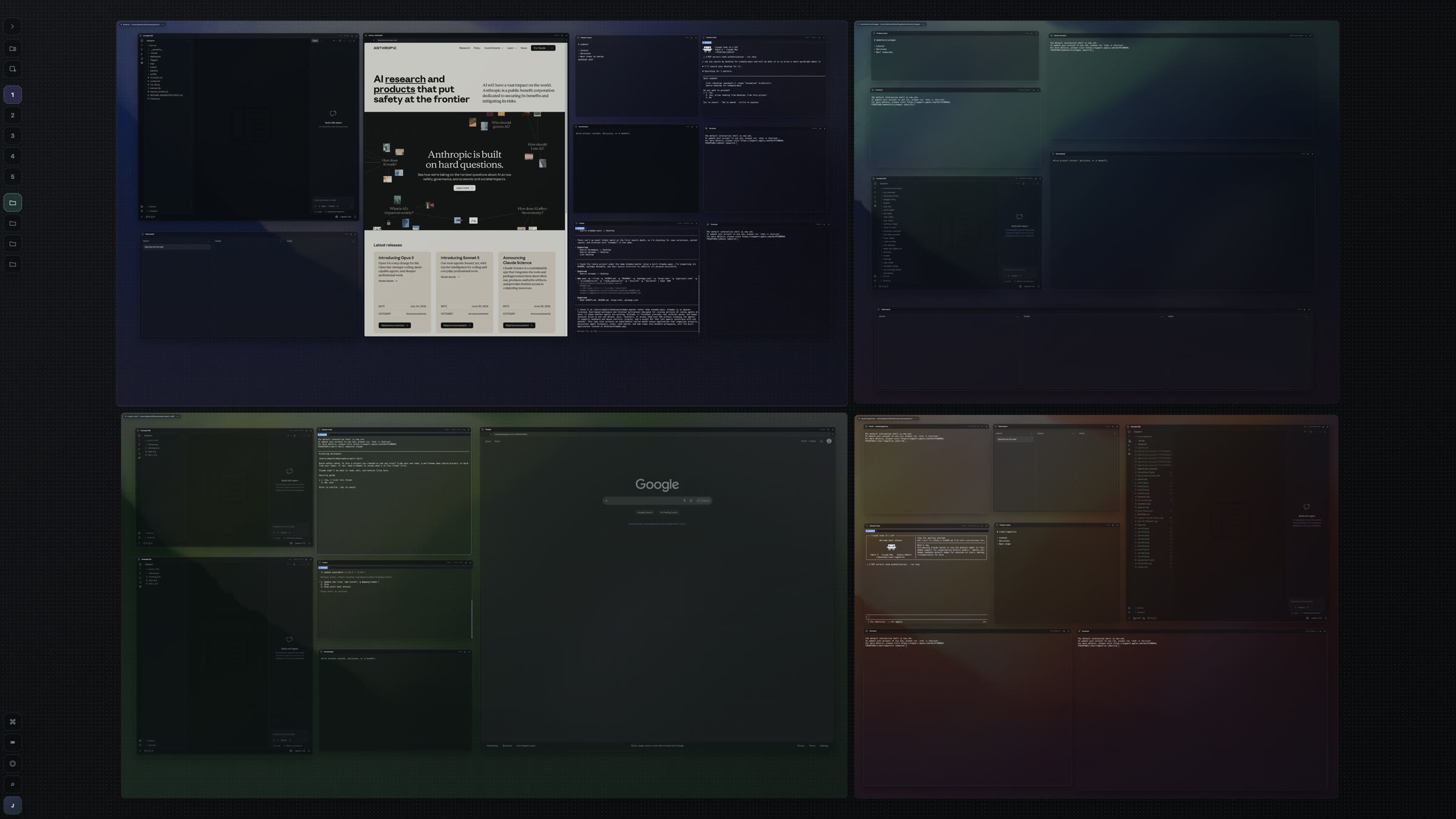 The Armadai canvas zoomed out, showing four project workspaces with terminals, agents, browsers, and boards arranged as tiles