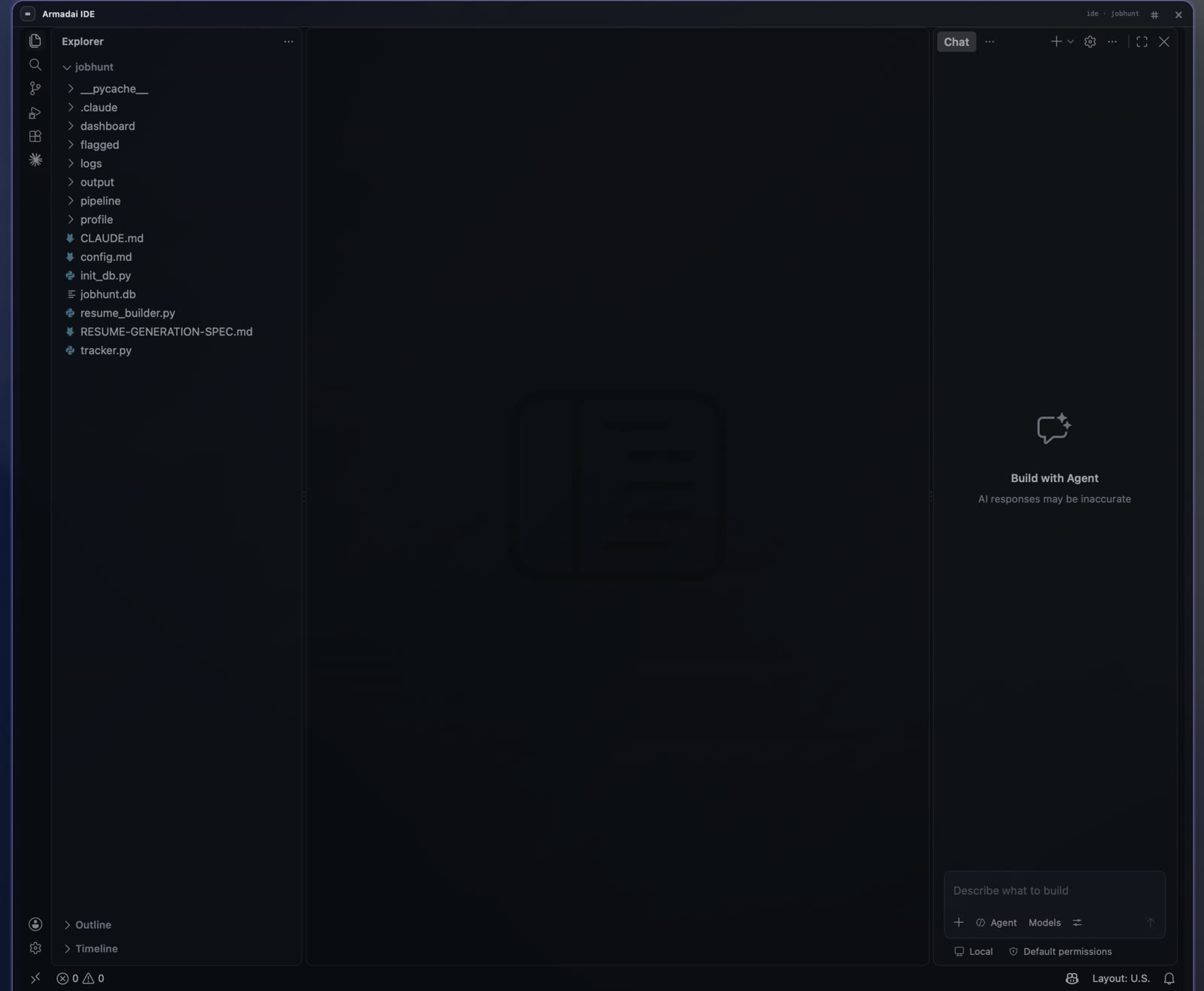 The Armadai IDE tile with file explorer and a Build with Agent chat panel