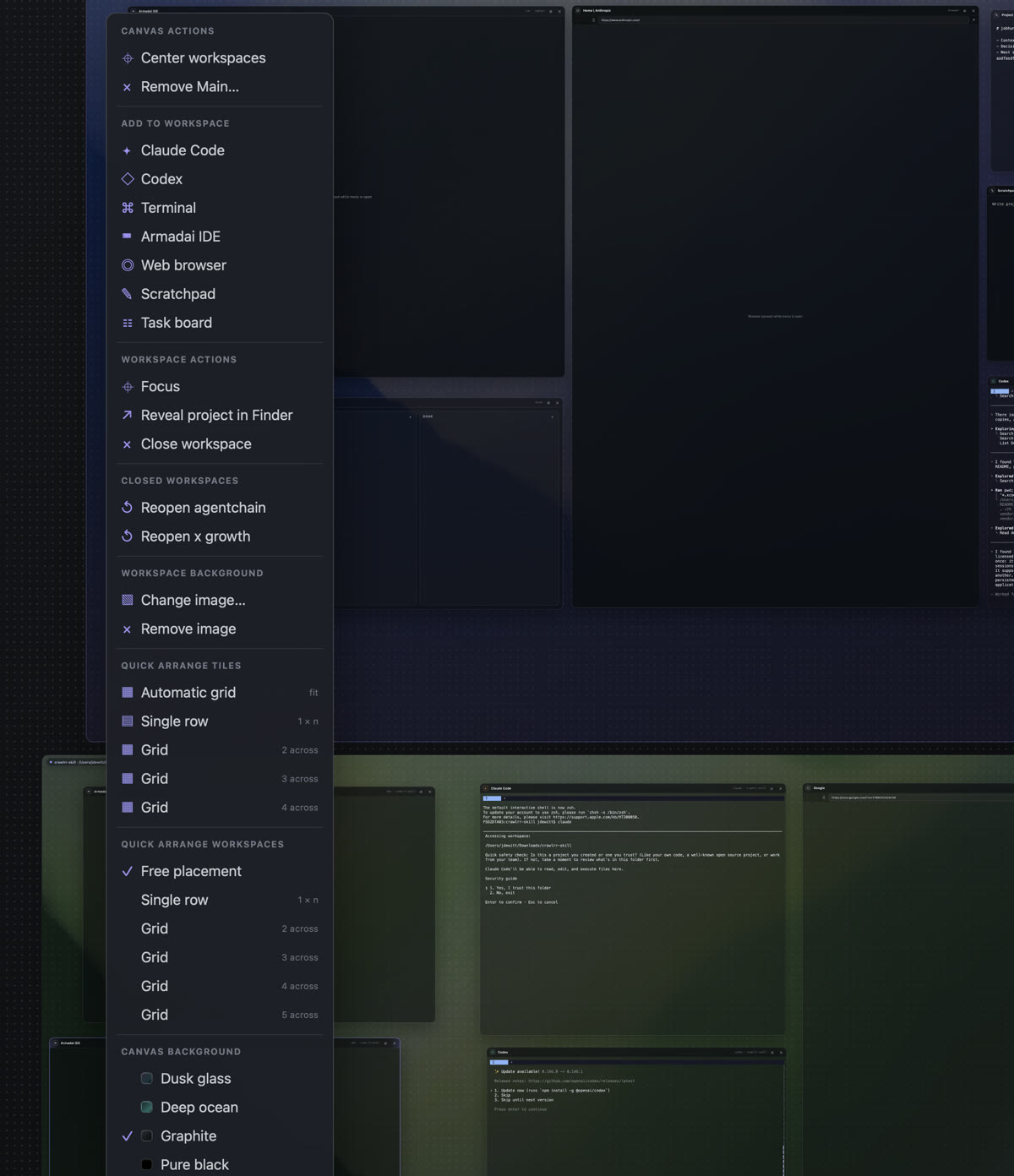 The right-click menu adding Claude Code, Codex, Terminal, IDE, browser, scratchpad, and task board tiles